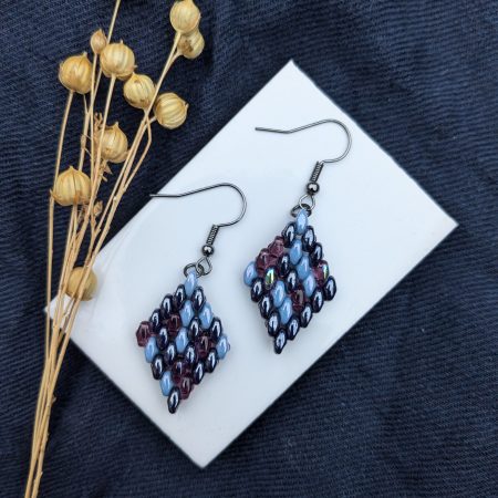 Handwoven Beaded Diamond-Shaped Dangle Earrings - Blue Mix