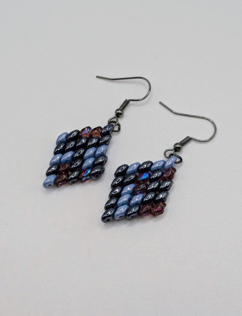 Handwoven Beaded Diamond-Shaped Dangle Earrings - Blue Mix