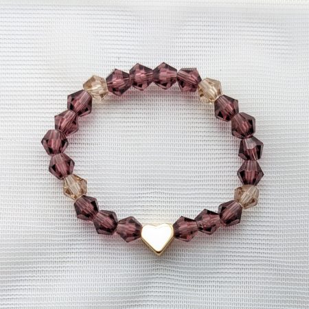 Children's purple crystal bracelet with gold heart