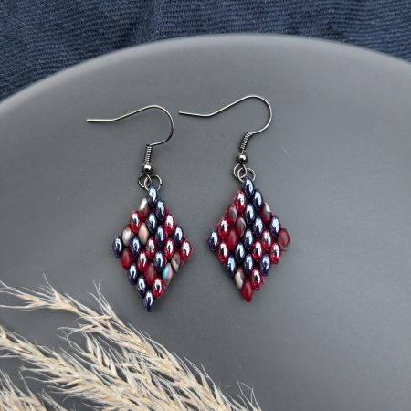 Handwoven Beaded Diamond-Shaped Dangle Earrings - Navy Red Mix