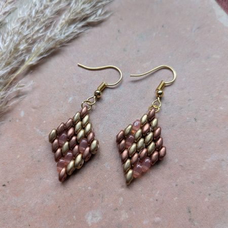 Handwoven Beaded Diamond-Shaped Dangle Earrings - Gold Mix
