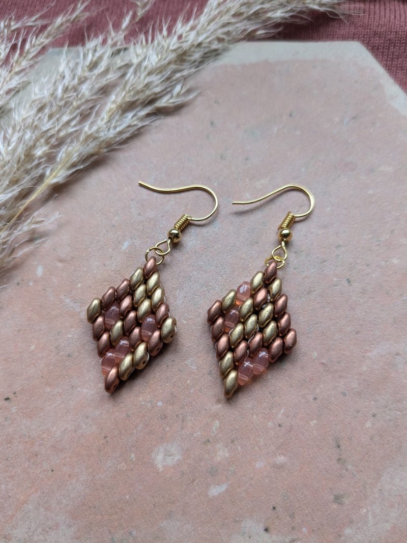 Handwoven Beaded Diamond-Shaped Dangle Earrings - Gold Mix