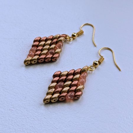 Handwoven Beaded Diamond-Shaped Dangle Earrings - Gold Mix