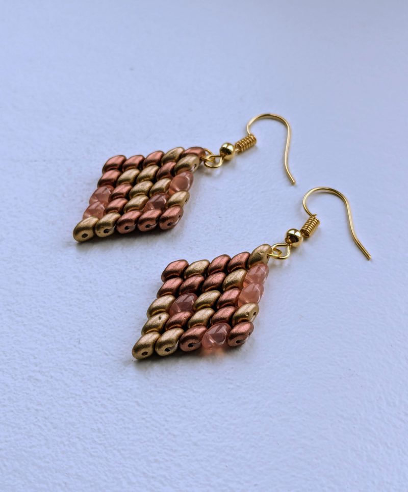 Handwoven Beaded Diamond-Shaped Dangle Earrings - Gold Mix