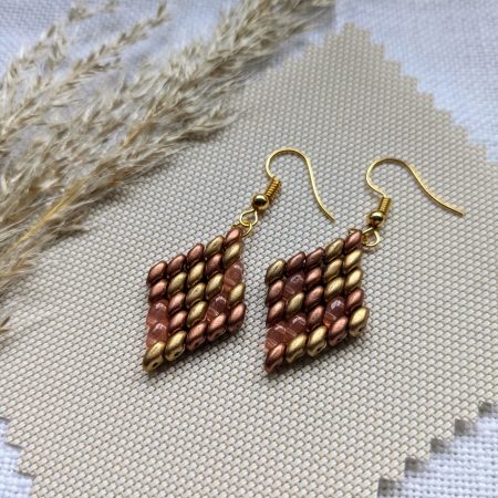 Handwoven Beaded Diamond-Shaped Dangle Earrings - Gold Mix