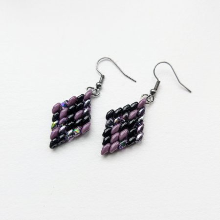 Handwoven Beaded Diamond-Shaped Dangle Earrings - Black and Purple
