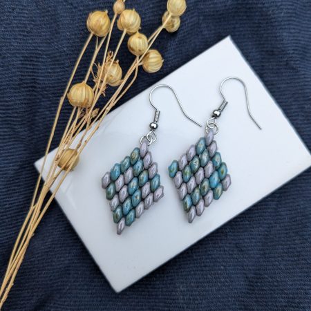 Handwoven Beaded Diamond-Shaped Dangle Earrings - Blue Grey