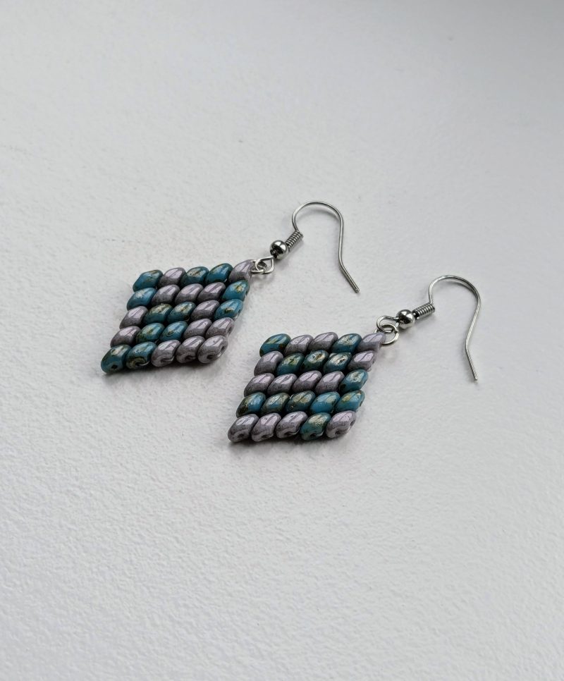 Handwoven Beaded Diamond-Shaped Dangle Earrings - Blue Grey