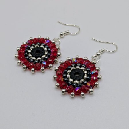 Ferris Wheel Earrings - handcrafted round dangle seed bead / beaded earrings - Glitzy Red