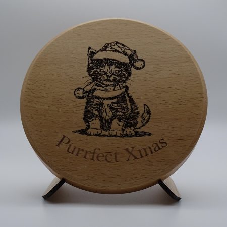 Cat Engraved on Round Beech with stand