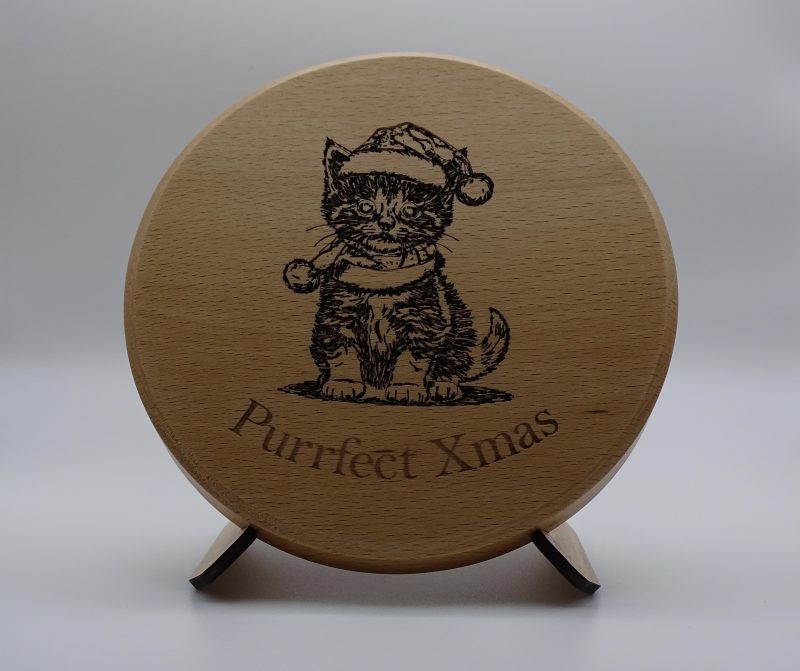 Cat Engraved on Round Beech with stand