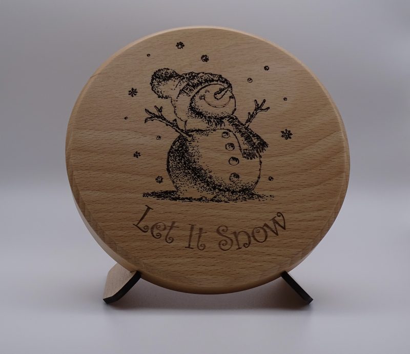 Engraved Christmas Snowman on Round Beech with stand
