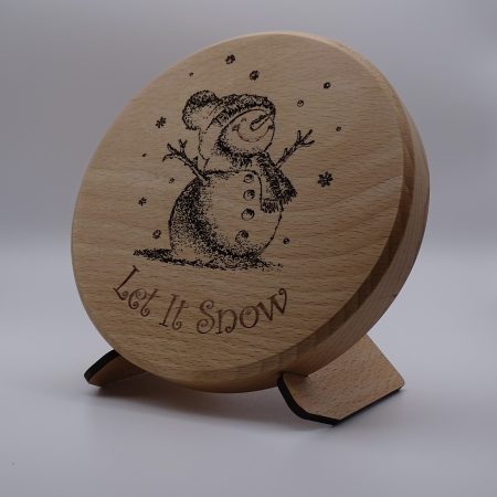Engraved Christmas Snowman on Round Beech with stand