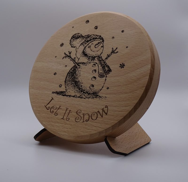 Engraved Christmas Snowman on Round Beech with stand