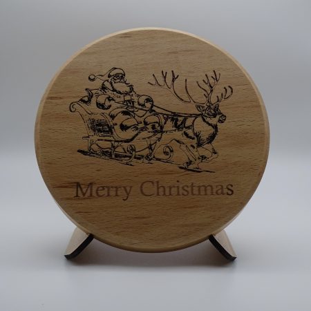 Santa & Sleigh Engraved on Round Beech with stand