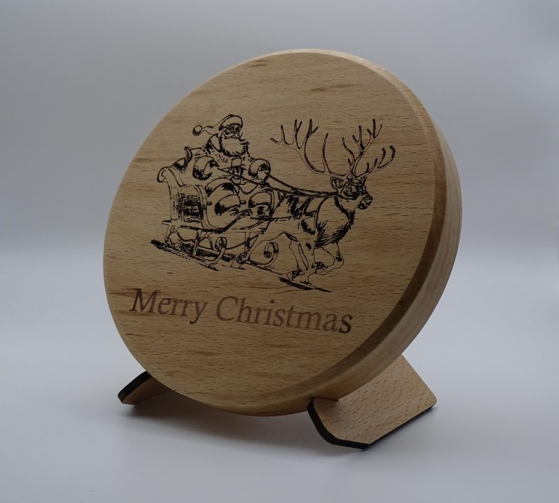 Santa & Sleigh Engraved on Round Beech with stand