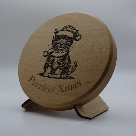Cat Engraved on Round Beech with stand