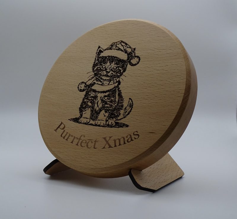 Cat Engraved on Round Beech with stand