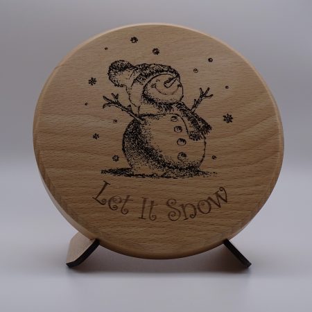 Engraved Christmas Snowman on Round Beech with stand