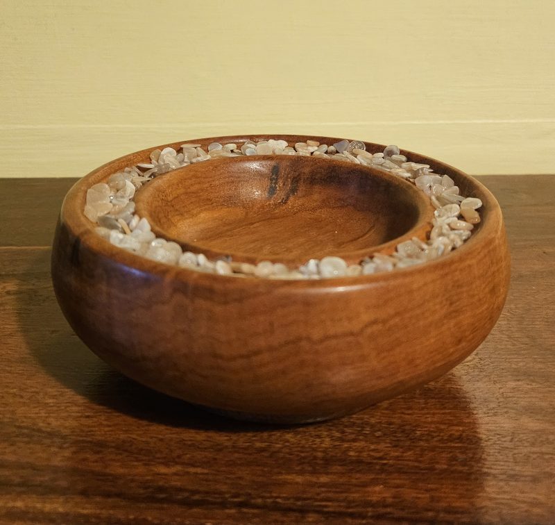Tiger wood bowl with genuine sunstone crystals