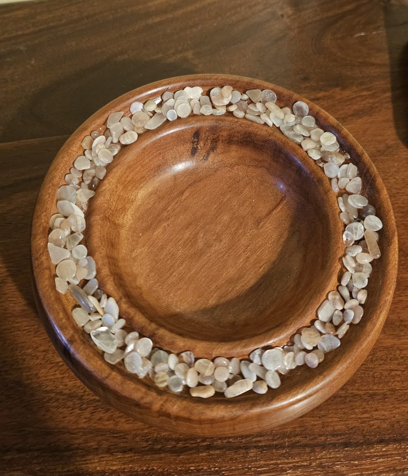 Tiger wood bowl with genuine sunstone crystals