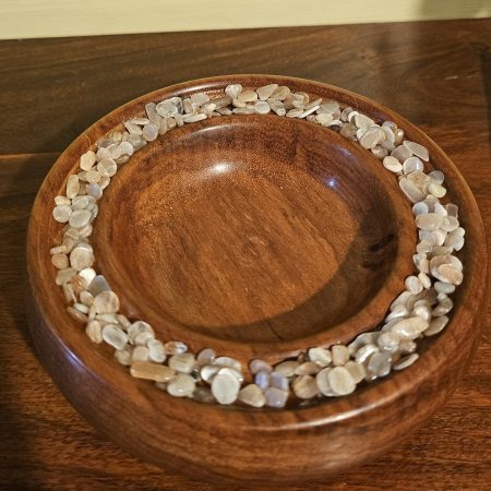 Tiger wood bowl with genuine sunstone crystals