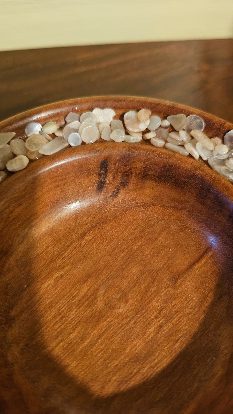Tiger wood bowl with genuine sunstone crystals