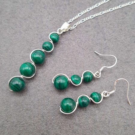 Genuine Malachite Drop Earrings, Silver Malachite Necklace, Unique Malachite Set, Gift for Her