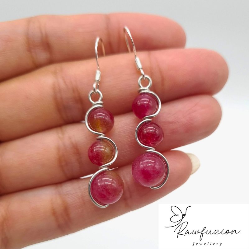 Watermelon Tourmaline Earrings Necklace Set, Silver Pink Jewellery, Tourmaline Bead Earrings