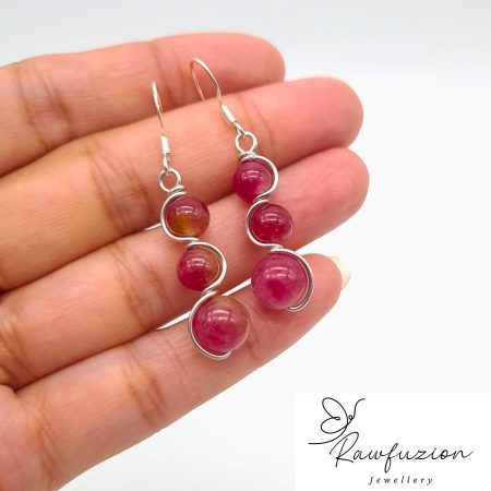 Watermelon Tourmaline Earrings Necklace Set, Silver Pink Jewellery, Tourmaline Bead Earrings