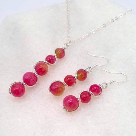 Watermelon Tourmaline Earrings Necklace Set, Silver Pink Jewellery, Tourmaline Bead Earrings