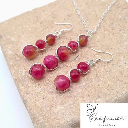 Watermelon Tourmaline Earrings Necklace Set, Silver Pink Jewellery, Tourmaline Bead Earrings