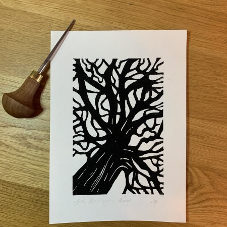 Ash, Brislington Brook, Bristol. Original Lino print on 100gsm Awagami washi paper A5 size.