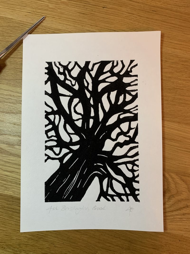 Ash, Brislington Brook, Bristol. Original Lino print on 100gsm Awagami washi paper A5 size.
