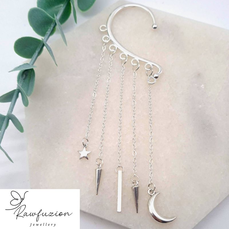 Silver Ear Wrap Cuff, Dainty Charm Dangle, No Piercing Earring, Silver Jewellery Gift