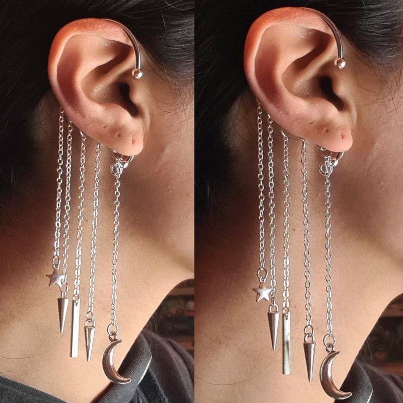 Silver Ear Wrap Cuff, Dainty Charm Dangle, No Piercing Earring, Silver Jewellery Gift