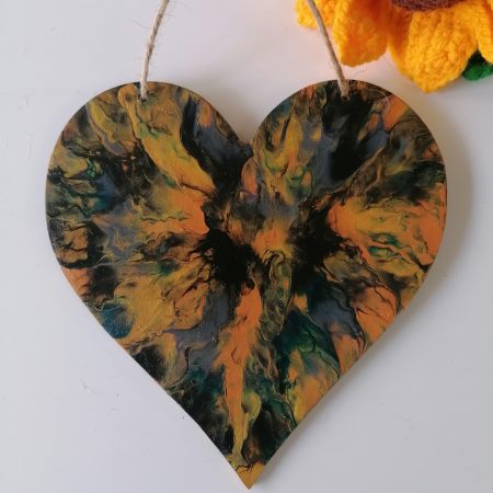 Beautifully hand painted steampunk decorative wooden heart, good size 15cm, with jute cord ready to hang on the wall. Ideal abstract art wall hanging for hallway, kitchen or office. Hand painted with copper, gold, black, dark grey and teal.