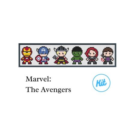 A black photo frame containing a cross stitch design of the 6 original MCU Avengers, including Iron Man, Captain America, Thor, Hulk, Black Widow & Hawkeye.