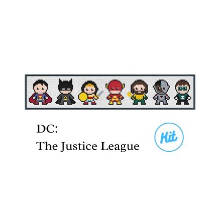 A black photo frame containing a cross stitch design of the 7 members of the Justice League, including Superman, Batman, Wonder Woman, The Flash, Aquaman, Cyborg and Green Lantern