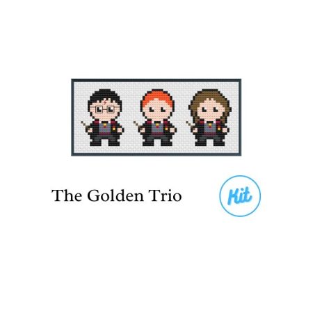 A black photo frame containing a cross stitch design of the Golden Trio from Harry Potter. Including Harry Potter, Ron Weasley and Hermione Granger