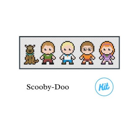A black photo frame containing a cross stitch design of all the main characters from Scooby Doo. Including Scooby, Shaggy, Fred, Velma & Daphne.