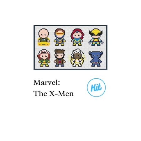 A black photo frame containing a cross stitch design of the X-men. Including Professor X, Cyclops, Jean Grey, Wolverine, Rogue, Gambit, Storm & Beast