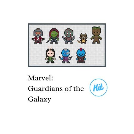 A black photo frame containing a cross stitch design of the Guardians of the Galaxy. Including Starlord, Gamora, Drax, Rocket, Groot, Mantis, Nebula and Yondu
