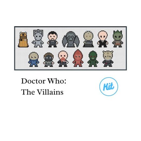 A black photo frame containing a cross stitch design of a selection of Dr Who villains. Including Dalek, Cyberman, Master, Weeping Angel, Davros, Silence, Silurian, Sontaran, Empty Child, Ood, Zygon, Ice Warrior & Judoon