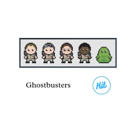 A black photo frame containing a cross stitch design of all The Ghostbusters. Including Peter Venkman, Ray Stantz, Egon Spengler, Winston Zeddemore & Slimer.