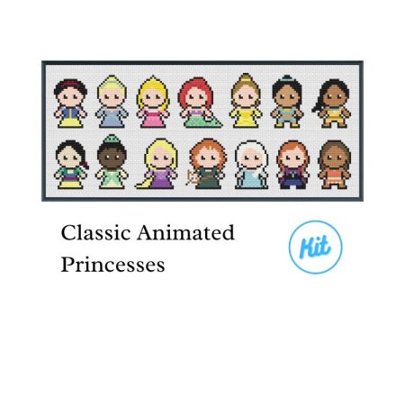A black photo frame containing a cross stitch design of all the classic Disney Princesses including Snow White, Cinderella, Aurora, Ariel, Belle, Jasmine, Pocahontas, Mulan, Tiana, Rapunzel, Merida, Elsa, Anna & Moana