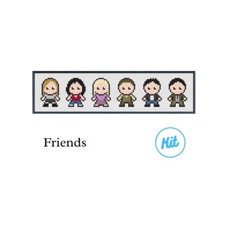 A black photo frame containing a cross stitch design of all the characters from Friends. Including Rachel Green, Monica Geller, Phoebe Buffay, Chandler Bing, Joey Tribbiani & Ross Geller