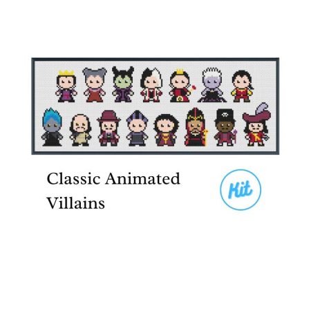 Black photo frame containing a cross stitch of classic Disney Villains including Evil Queen, Lady Tremaine, Maleficent, Cruella de Vil, Queen of Hearts, Ursula, Gaston, Hades, Shan Yu, Ratcliffe, Frollo, Mother Gothel, Jafar, Facilier & Captain Hook