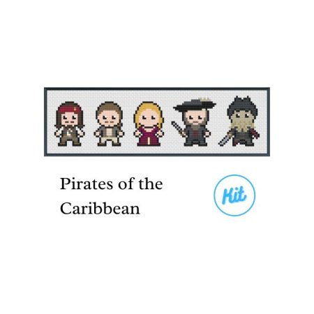 A black photo frame containing a cross stitch design of all the heroes & villains from the Pirates of the Caribbean trilogy. Including Jack Sparrow, Will Turner, Elizabeth Swann, Barbossa & Davy Jones.