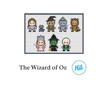 A black photo frame containing a cross stitch design of all the heroes & villains from The Wizard of Oz. Including Jack Sparrow, Will Turner, Elizabeth Swann, Barbossa & Davy Jones.